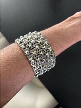 Bracelet baguette cuff tile rhinestone vintage grid design square clear crystals